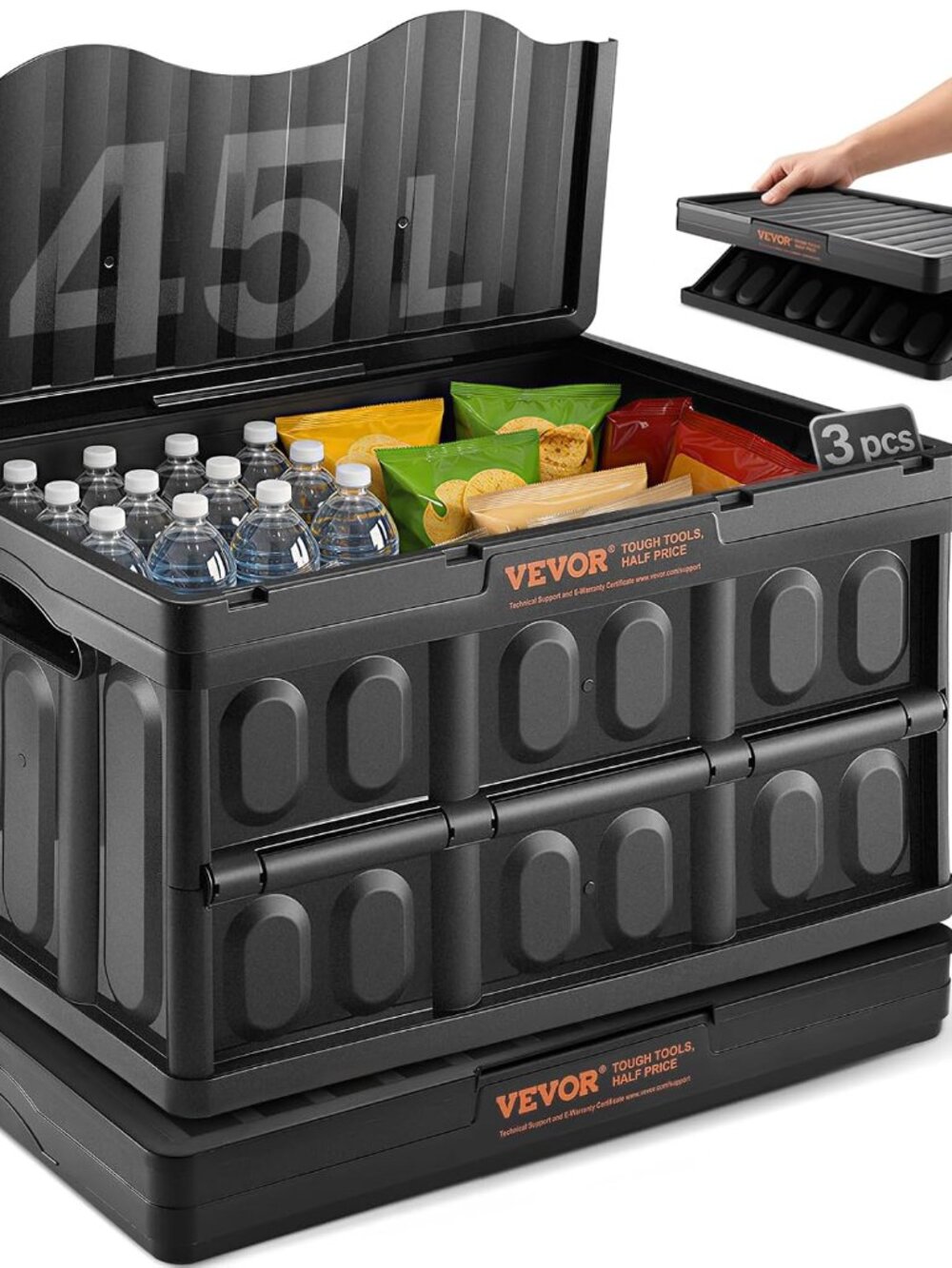 45L Collapsible Storage Bins with Lids 3 Packs, Stackable Utility Crates with Ha